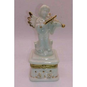 Vintage Angel With Violin Trinket Box Porcelain Gold Trim